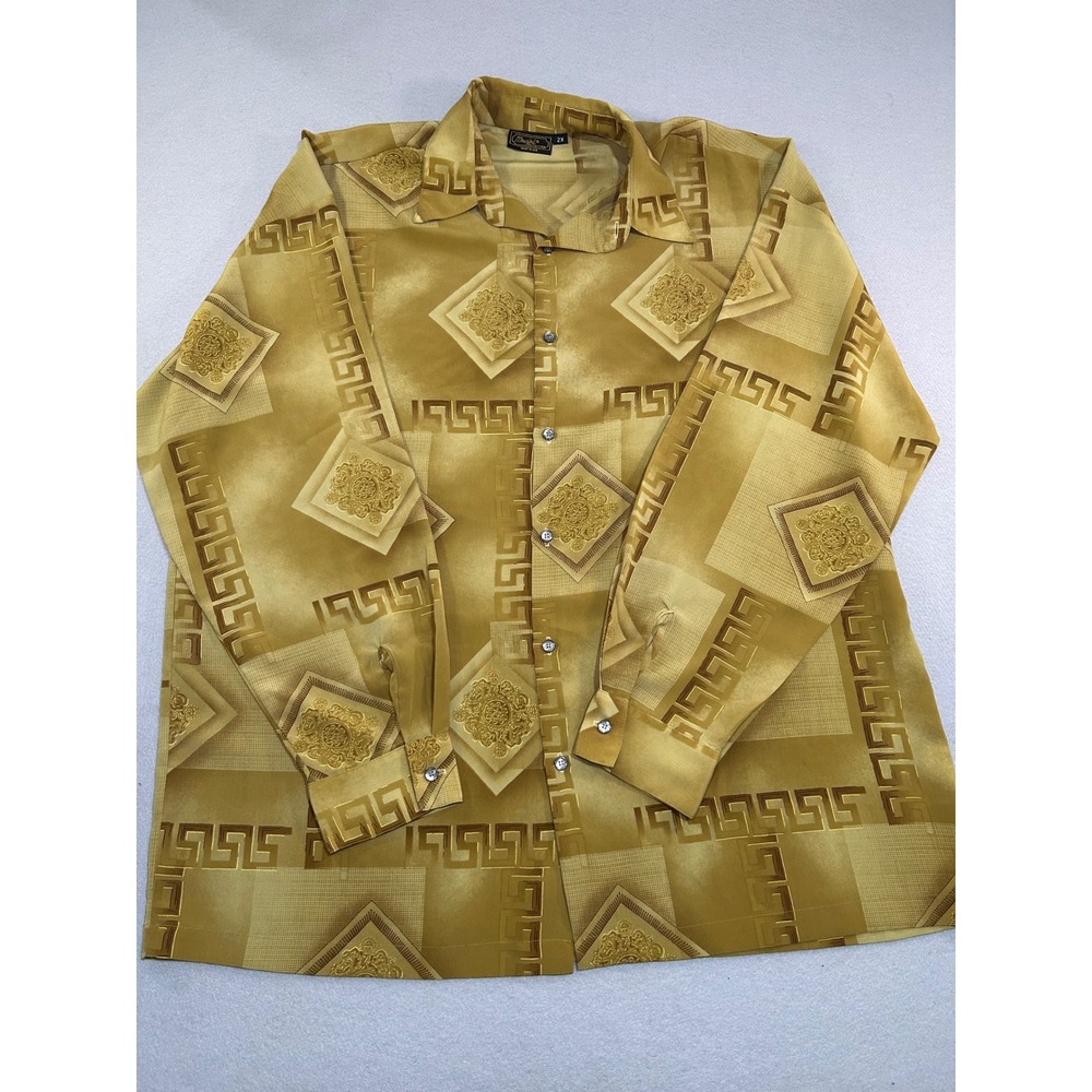 Monzini Collection Button‎ Up Shirt Mens 2X Gold Greek Key Medallion Geometric